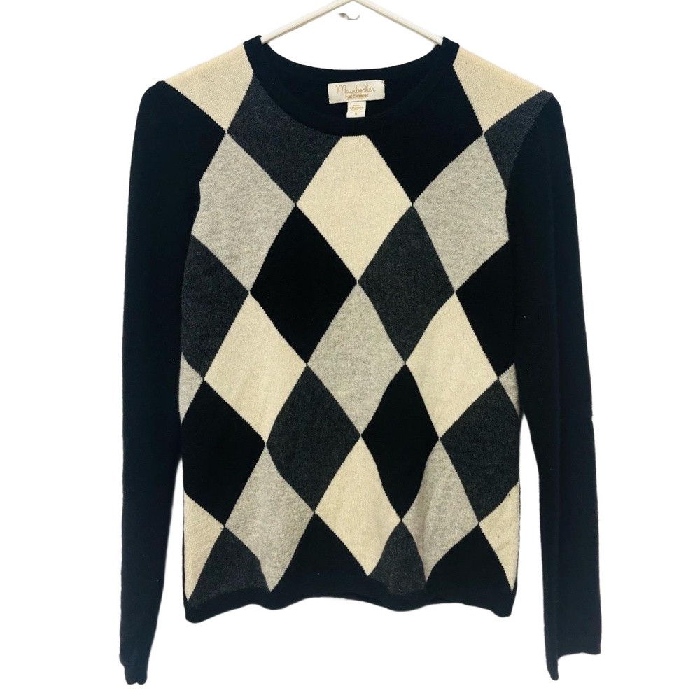 Mainbocher Women's Small Cashmere Argyle Crewneck Sweater Black‎ Gray Cream
